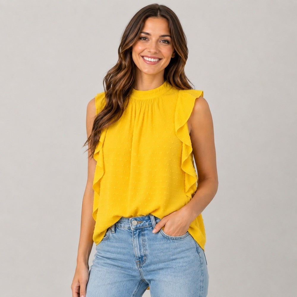 Maeve Anthropologie Mustard Yellow Swiss Dot Ruffle Mock Neck Blouse Medium Boho